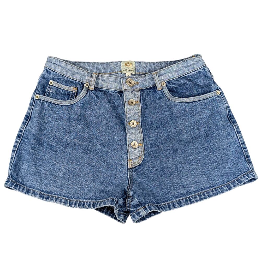 River Island Denim Shorts Y2K Button Fly Retro Indie Sleaze Colorblock US 12